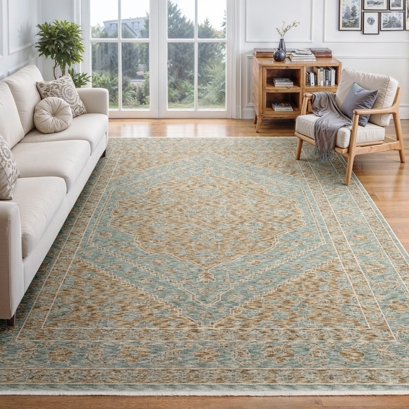Eidan Global Center Medallion Brown/Pale Blue Area Rug, Rectangle 9'10 x 12'11"