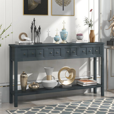 Console d'entrée rustique, canapé long avec deux tiroirs de taille différente et tablette inférieure