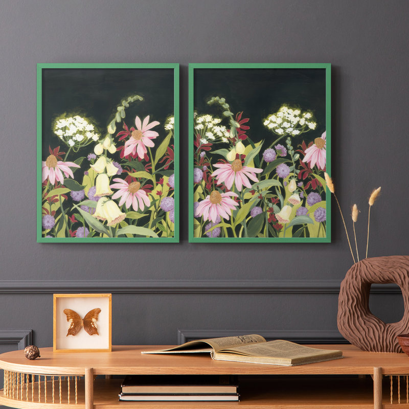 Impression encadrée Moonlit Wildflowers I-Premium - prête à être accrochée - aucun clou requis - aucun clou requis, Gris