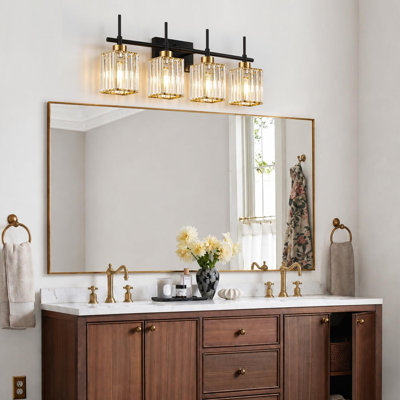 Modern Crystal Bathroom Vanity Light 4-Lights Gold Bathroom Light Fixtures Over Mirror Black and Gold Vanity Lighting Fixtures Gold Square Shade Brass Wall Sconce (Bulbs Not Include)