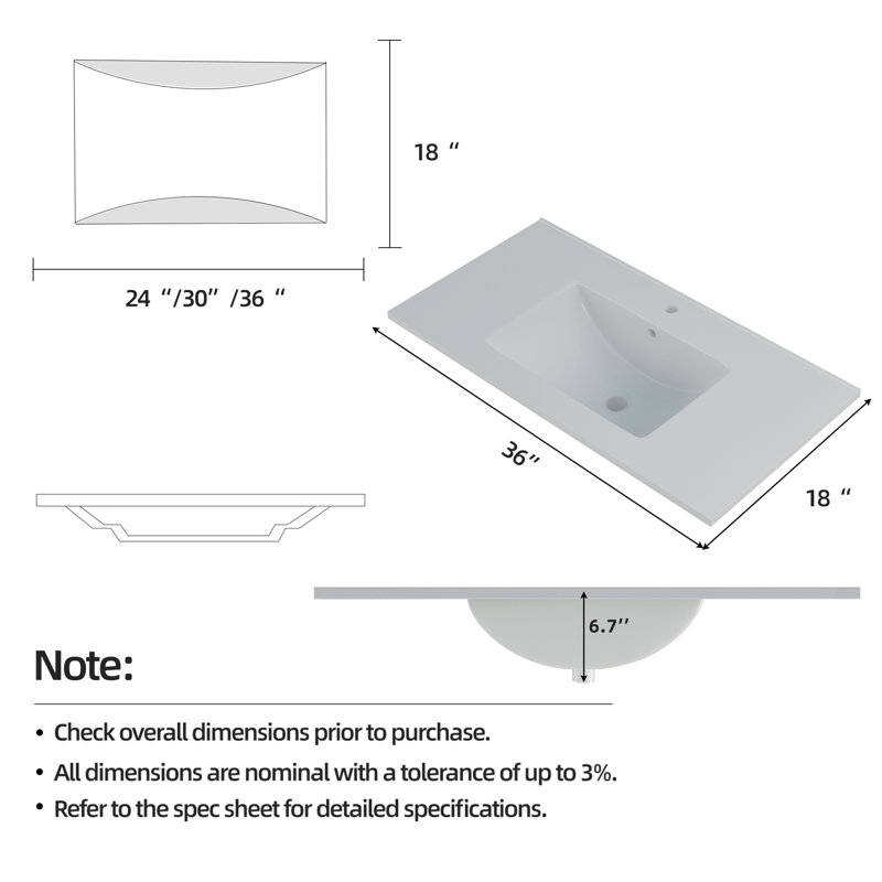 Ceramic Lavatory Sink, Black Or White In 24/30/36 Inch - Bathroom Vessel Basin Meets US Standards, Faucet Not Included, White