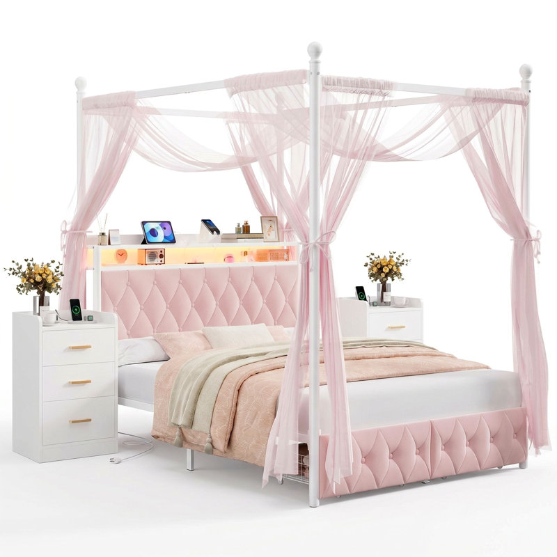 Kids Bedroom Set: LED Canopy Bed Frame with Charging Ports + 2 Nightstands with Outlets & Drawers (Whisper-Soft Pink, F Sizes)