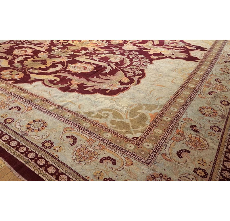 1880s Red-Wine Medallion Antique Indian Amritsar Carpet 18'10"x20'10" Wool Rug