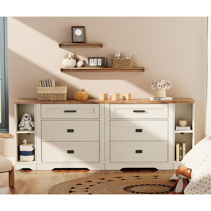 Commode en bois avec 6 tiroirs et tablettes de rangement ouvertes pour enfants Laziza, Blanc