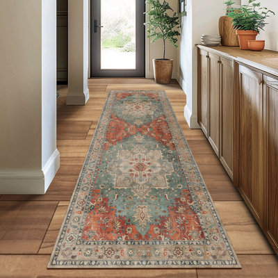 Transitional Rust/Teal Machine Washable Non-Slip Area Rug