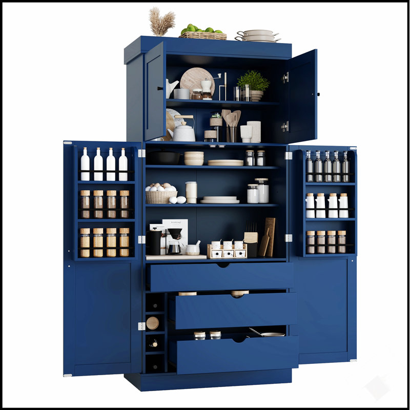 Vidéo d'assemblage disponible Garde-manger autoportant de 77 po de hauteur TopMAX, armoire moderne de style Shaker de l 35 po x l 17,7 po avec tablettes réglables, tablettes de porte, tiroirs et porte-bouteilles