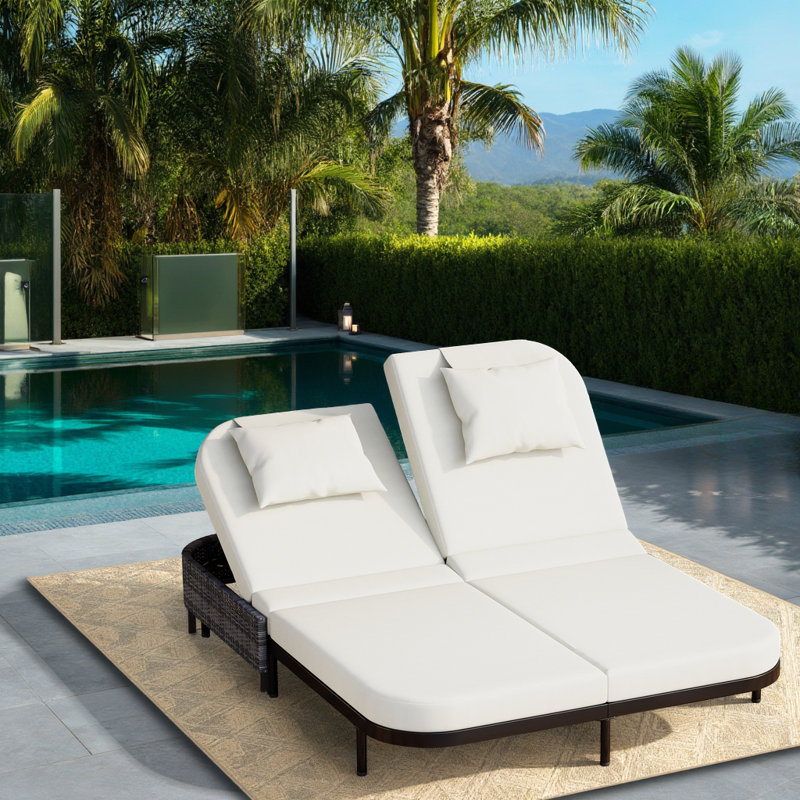 Outdoor Daybed with Adjustable Backrest - Patio Rattan Loveseat with Removable Cushions & Pillows - Black Iron Frame & Beige Cushion for Poolside, Garden, or Backyard