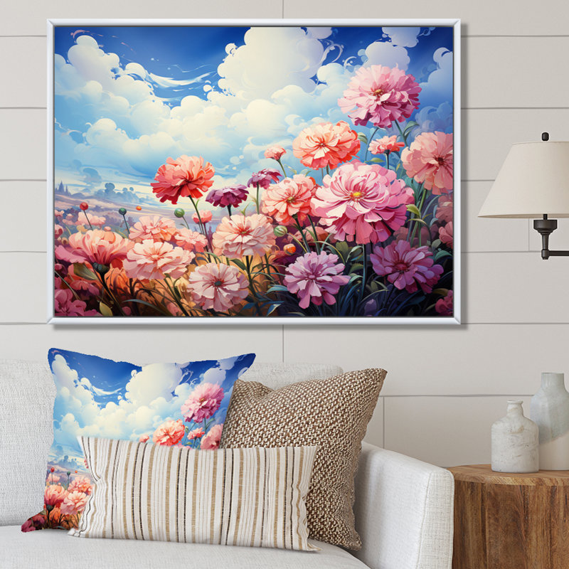 Meadow Zinnia Dreams sur impression sur toile, H 12 po x l 20 po x P 1 po, Cadre flottant blanc