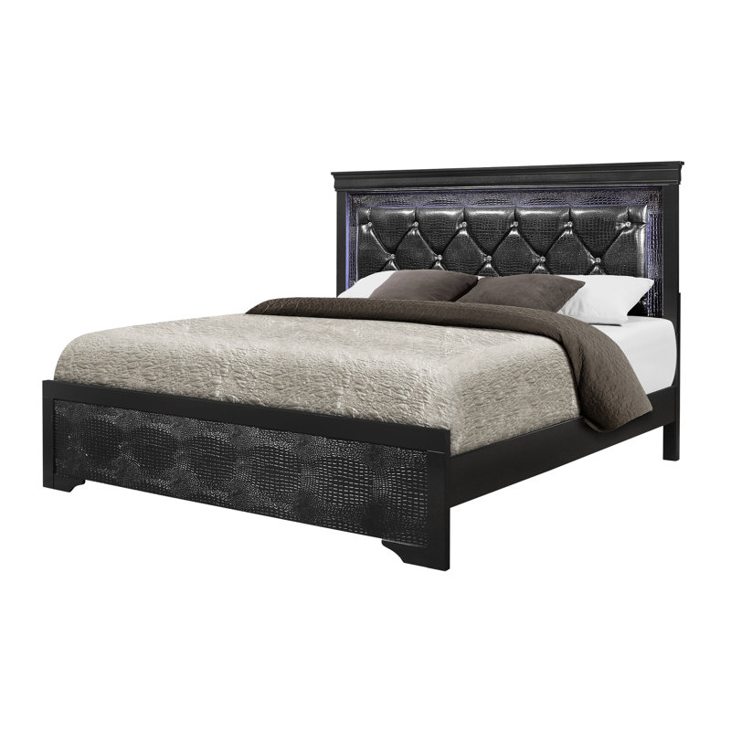 Structure de lit très grand gris avec tête de lit rembourrée d'inspiration à DEL et en cristal, chambre à coucher contemporaine de style panneau en bois massif + éclairage Shaker en bois d'hévéa pour la chambre à coucher, sommier tapissier nécessaire