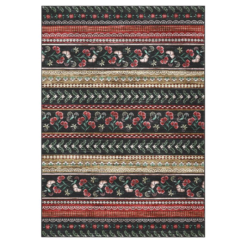 Floral Machine Washable Rug with Rubber Non-Slip Backing for Living Room, Dining Room, Bedroom, Office & Playroom