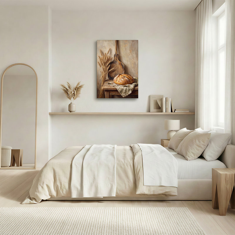 Tableau sur toile représentant un pain rustique et des épis de blé sur une table en bois, H 24 po x l 16 po