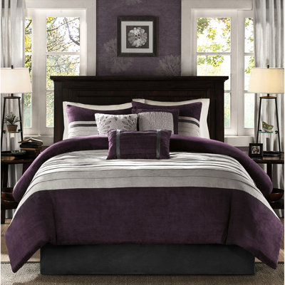 Édredon pour grand lit mauve 7 pièces - Faux suède de luxe, intérieur, détails brodés, lavable, toucher doux, détails décoratifs, machine
