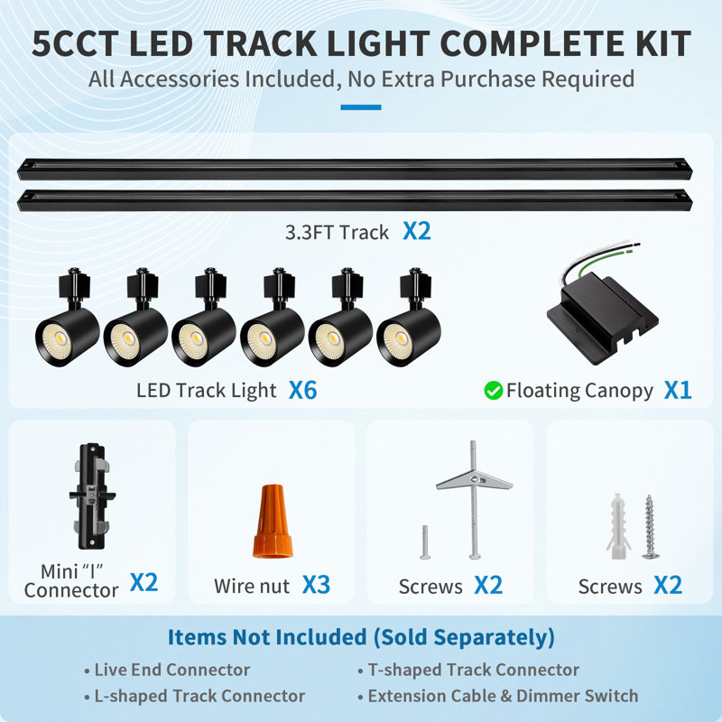 Ensemble d'éclairage sur rail 5CCT, 6 lumières à DEL à intensité variable avec rail de H 6,6 pi, Noir mat