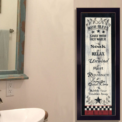 Bath Rules Framed Wall Art, Bathroom Wall Decor Framed Print by Linda Spivey