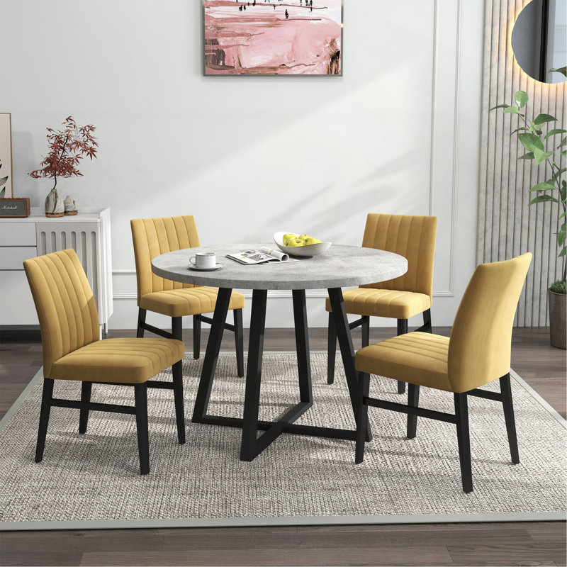 Ensemble de salle à manger 5 pièces Edo, table à tréteaux ronde et 4 chaises rembourrées Edo, Yellow