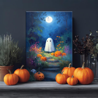 Halloween Ghosts Wall Art 16X24 Inch, Cute Ghost In The Pumpkin Field Painting Modern Poster Picture Halloween-Themed Wall Decor Living Room Bedroom Kitchen And Bathroom Home Decor