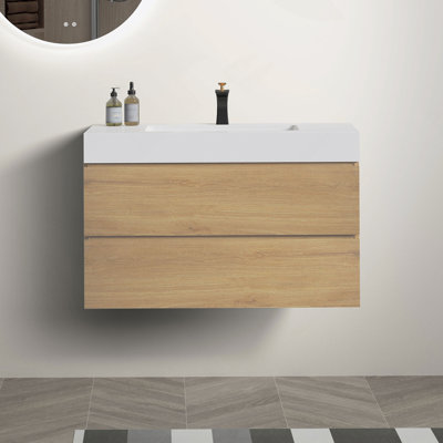 Meuble-lavabo mural 36 po en chêne avec lavabo noir, grand meuble-lavabo flottant mural pour salle de bain moderne, lavabo une pièce noir sans drain, pré-assemblé