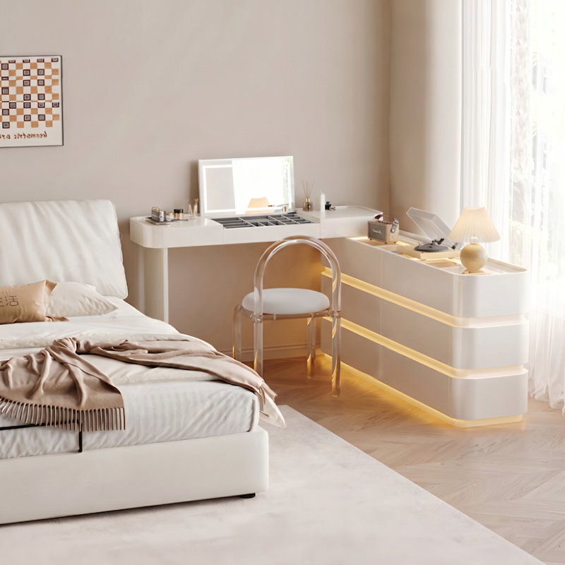 Meuble-lavabo extensible 47,24 "à 89,76" blanc crème avec rangement à 8 tiroirs, présentoir en verre et organisateur de bijoux, miroir de maquillage à 3 couleurs réglable