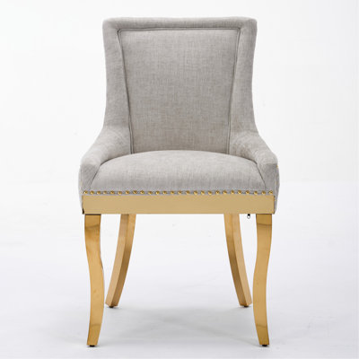 Chenille Dining Chairs, Modern Style With Curved Gold - Plated Legs & Rivet Trim, Upholstered Comfort For Dining/Lounge, Accent Seating With Textured Fabric & One - Piece Structure, Beige,Set Of 2