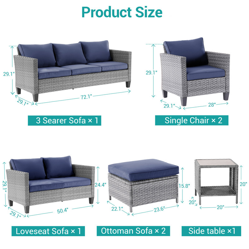 7 Pieces PE Rattan Furniture Set with Side Table and Patio Chair, Gray, Navy Blue