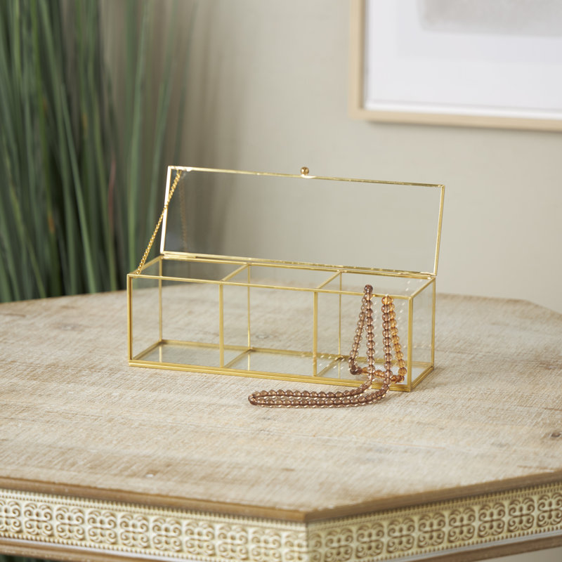  Glass Slim Rectangular 3 Slot Decorative Clear Jewelry Box with Gold Metal Frame and Chain Accent