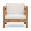 Chaise moderne du milieu du siècle : en bois avec coussins d'assise imperméables pour l'extérieur, revêtue de tissu d'ameublement.