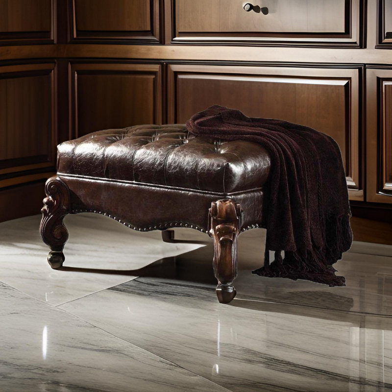 Carvajal 37"W Faux Leather Upholstered Tufted Rectangular Ottoman in Dark Brown and Cherry Oak