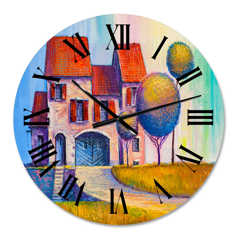 Maison avec toit rouge dans le village - horloge murale moderne, Moyen
