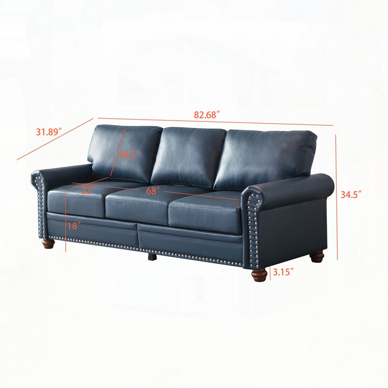 Classic Living Room Nails Sofa Faux Leather, Navy Blue, 34.5" H x 82.68" W x 31.89" D