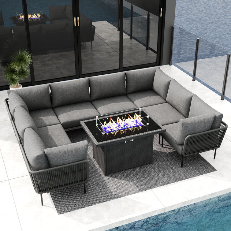 Outdoor Patio Woven Rope Wicker Modular 9 Pieces Sectional Set With Fire Pit Table And Cushions