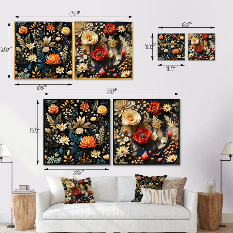 Naelle - Ensemble de 2 collages floraux carrés, H 16 po x l 33 po, Cadre flottant doré