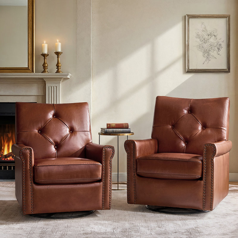 Stratton 31"W Transitional  Genuine Leather Swivel Rocker Chair with Tufted Back and Nailhead Trim, Saddle