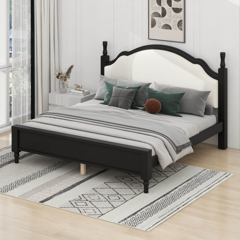 Lit plateforme en bois avec tête de lit tapissier, King, Beige/Black