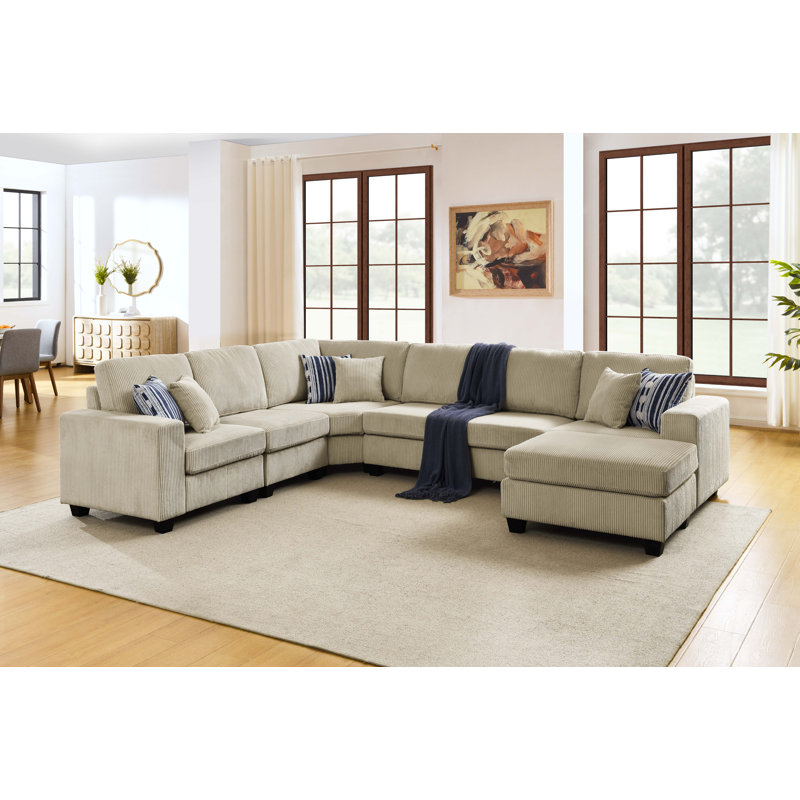 Erstonia Sectional With Ottoman, Beige Corduroy