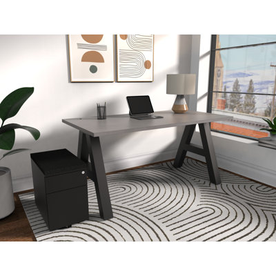 Serenity Modern A-Frame Executive Writing Office Desk, with Cushion Top Mobile Storage, 60x30, Grey Strand Top