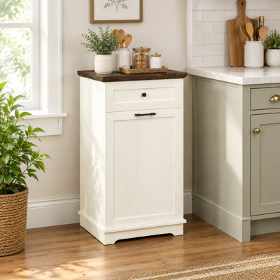 Armoire poubelle inclinable 10 gallons avec tiroir, support à poubelle en bois autoportant et à recyclage, poubelle de cuisine à l'épreuve des animaux de compagnie, blanc antique
