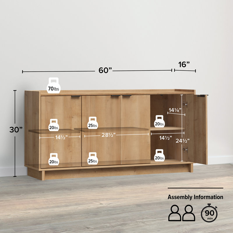 Buffet Chaunta de 60 po de largeur, console moderne à 4 portes avec console, buffet pour le rangement et l'organisation, table d'appoint moderne avec portes et tablettes, l 60 po x H 30 po x P 16 po, chêne naturel