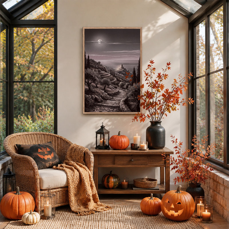 Tableau sur toile d'Halloween représentant une tour côtière au clair de lune et des cyprès, 48"H x 32"W