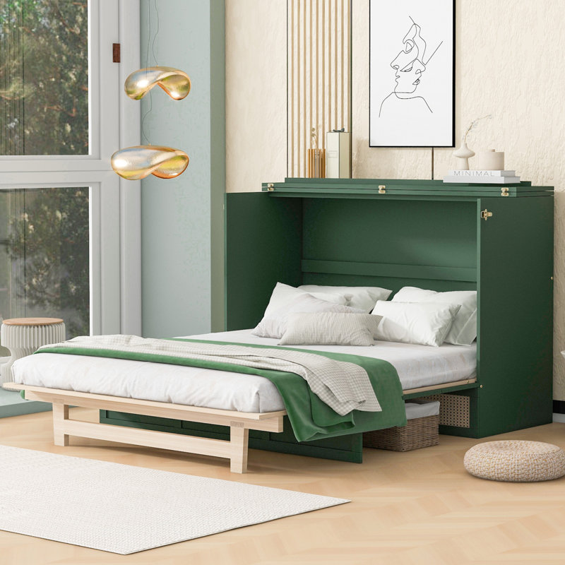 Murphy Bed With Large Drawers, Queen, Green