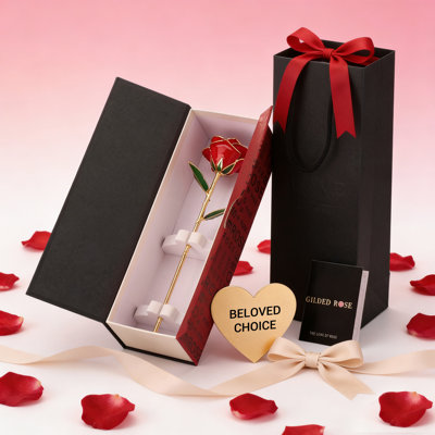 Rose plaquée or 24 carats avec coffret et pochette cadeau – Rose éternelle en résine avec support en acrylique, breloque cœur et carte de vœux – Cadeau romantique pour la Saint-Valentin, un anniversaire, la fête des mères et les mariages