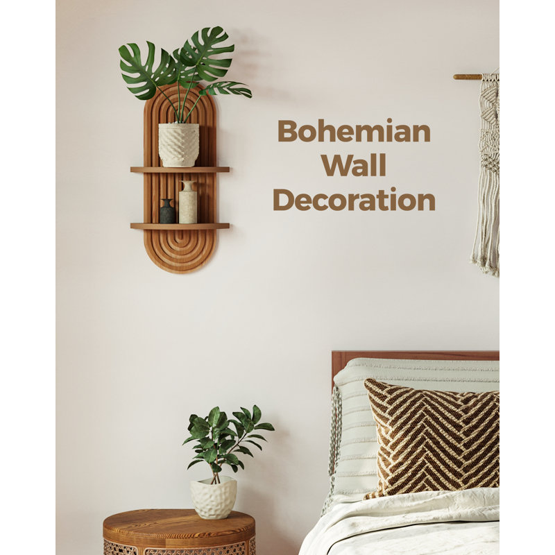 2-tier Arched Hanging Plant Shelf, Boho Mid-century Modern Wooden Wall Decor, Brown Floating Shelves Indoor