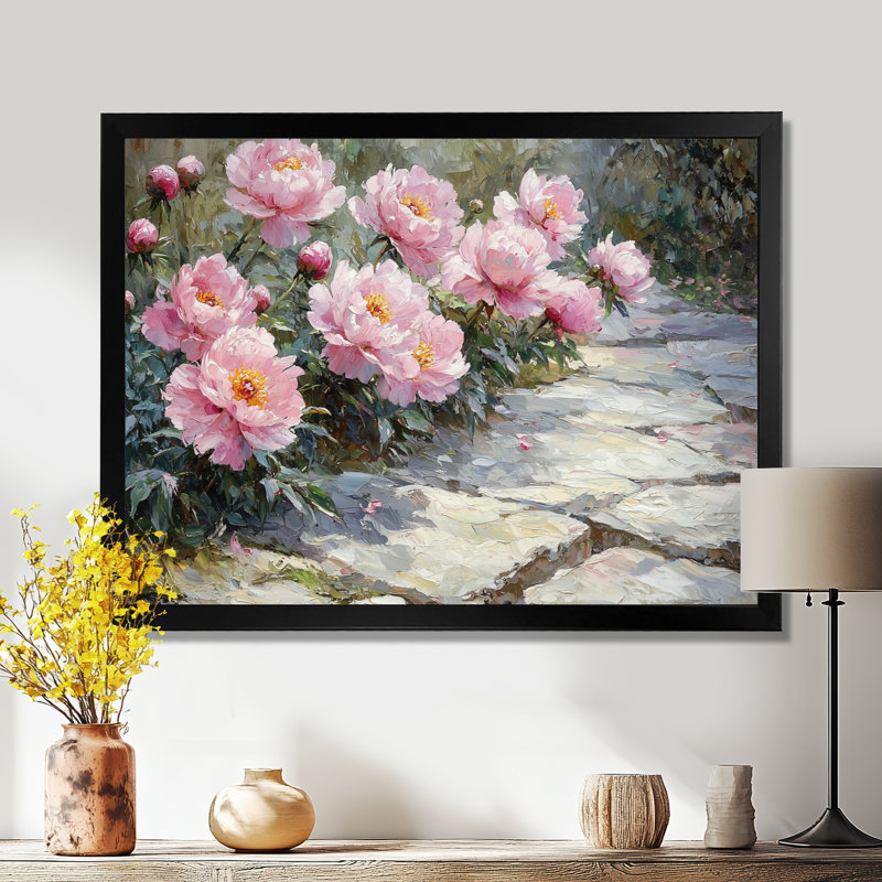 Art mural sur toile, "pivoines sur le chemin du jardin II", Reproduction encadrée d'une seule photo, Noir, noir, noir, noir