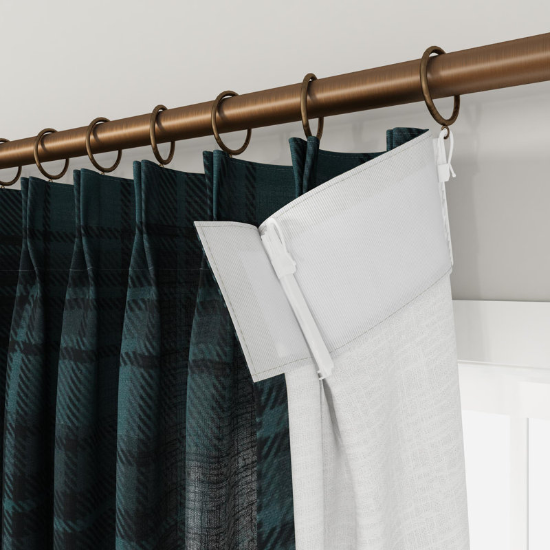 TWOPAGES Unlined Plaid Curtain Gingham Faux Linen Pinch Pleat Curtain, Midnight, 40" W x 90" L