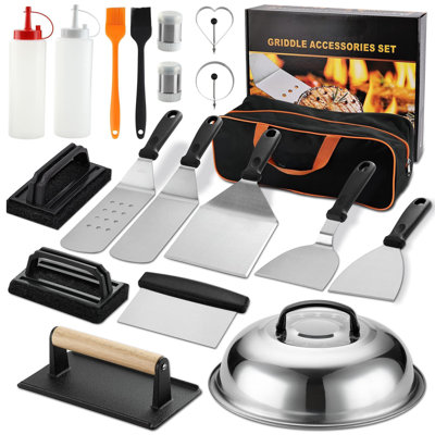 Ensemble d'accessoires de plaque chauffante 19PCS - Ensemble de spatule Teppanyaki à plateau plat avec grattoir, housse pour camp chef - plaque de cuisson pour la maison et cadeaux de barbecue en plein air pour Noël