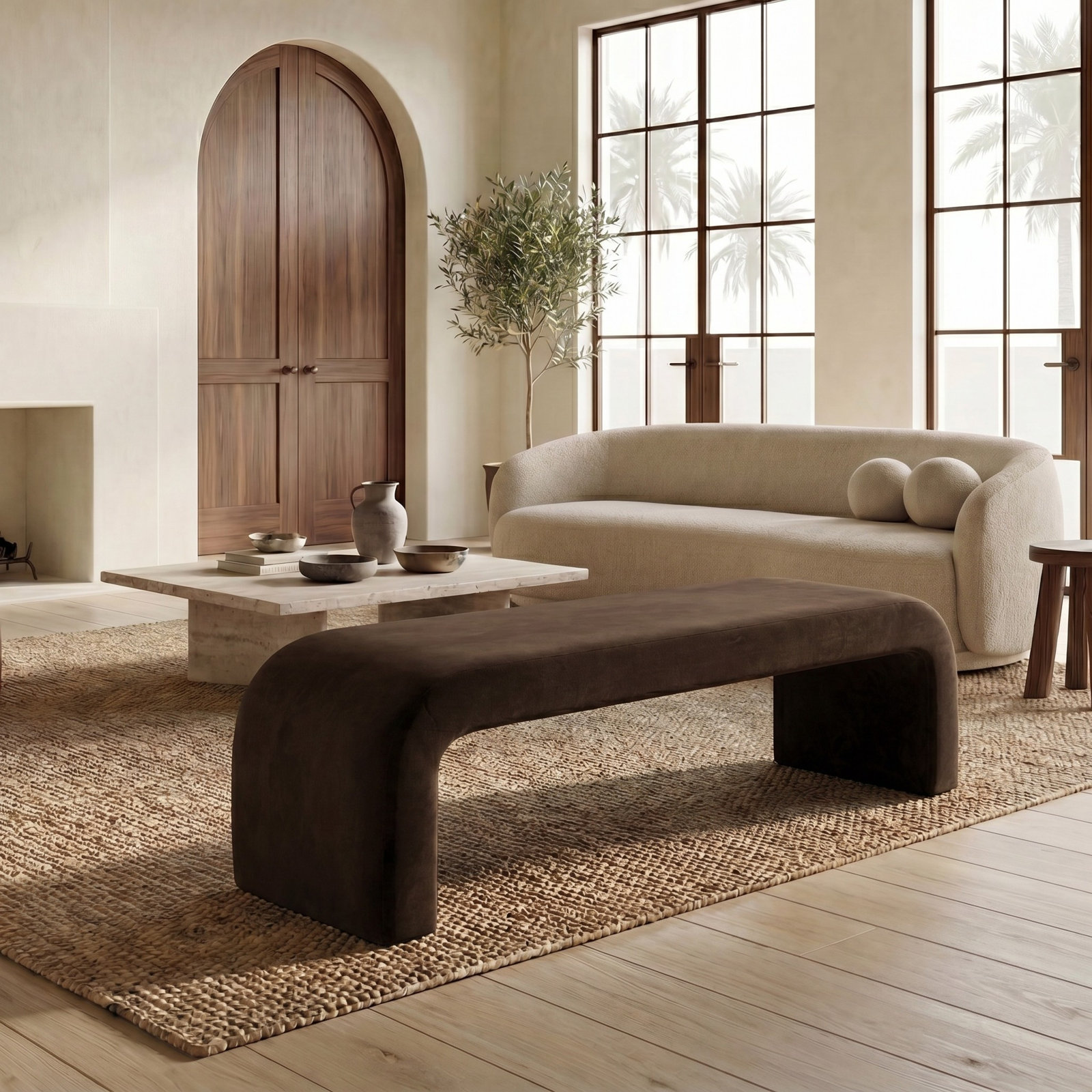 Daine 62" Linen Bedroom Bench, Dark Brown Velvet