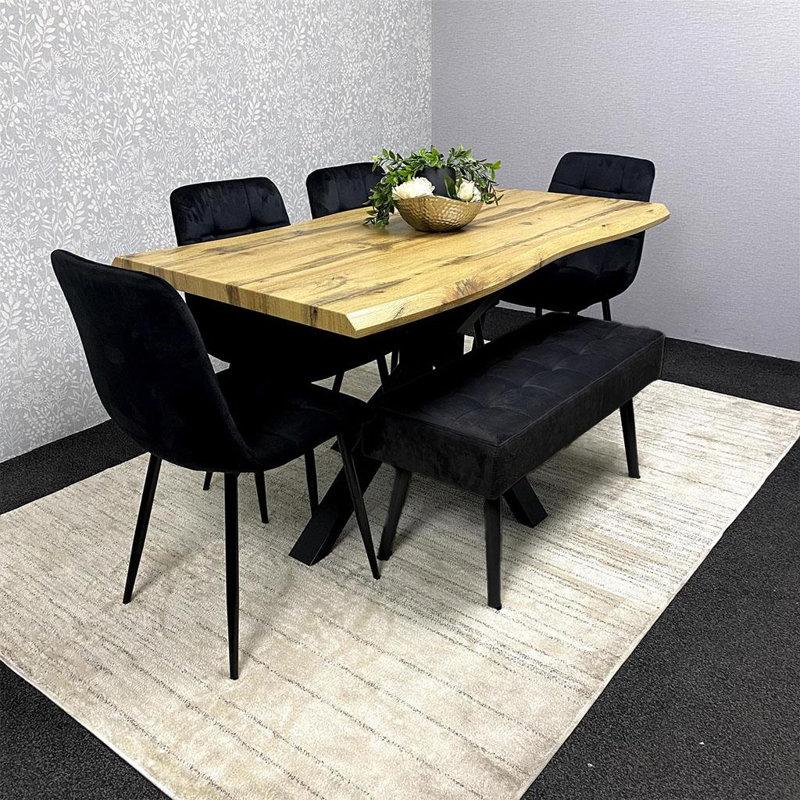 Wooden Dining Table with 4 Chairs and 1 bench Dining Kitchen Room Furniture, 75"H x 117"L x 77"W, Black