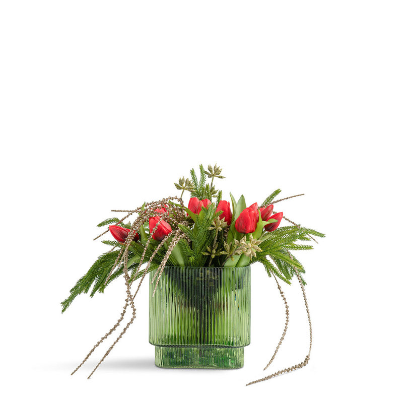 CHRISTMAS TULIPS IN GREEN GLASS