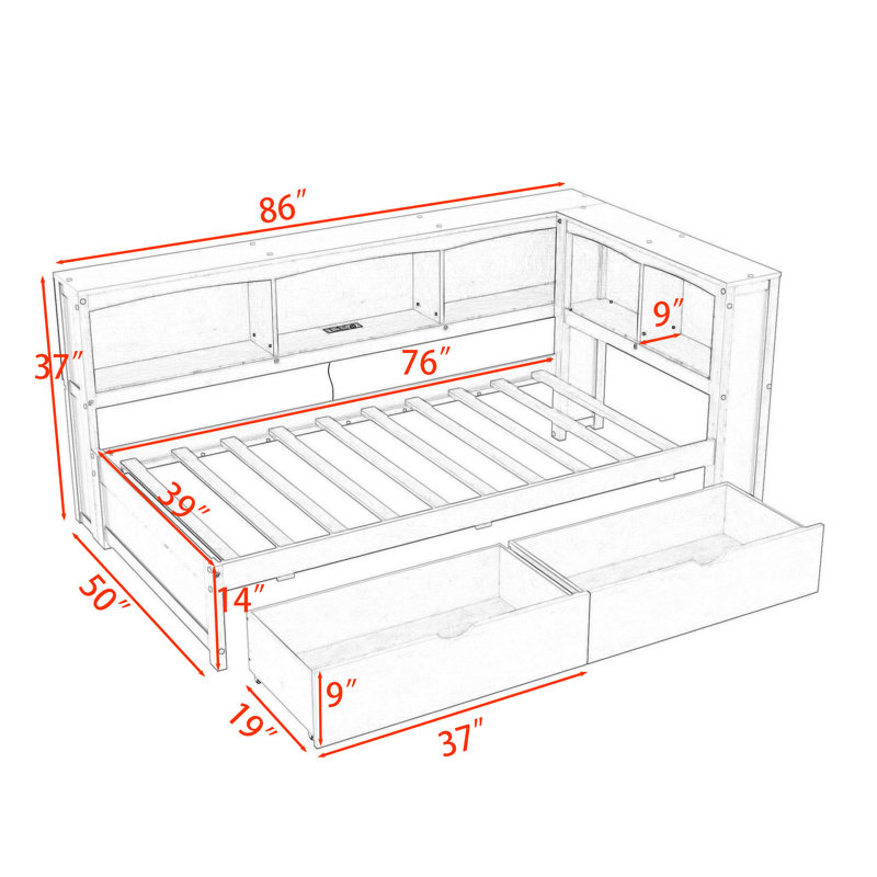 Lit de jour simple avec 2 tiroirs et armoires et USB, Bois