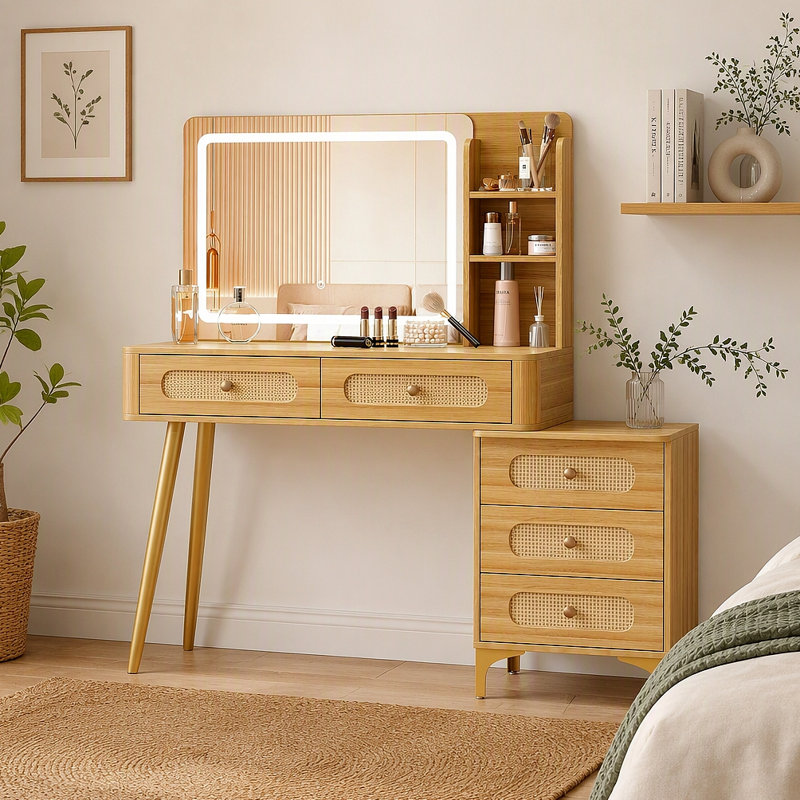 Coiffeuse de 47 po avec miroir et lumières, coiffeuse de maquillage avec 5 tiroirs et tablette de rangement, conception de tiroir en rotin, 3 modes de couleur et coiffeuse à luminosité réglable