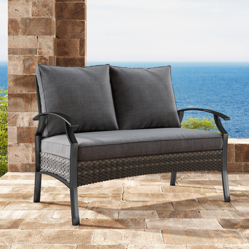 Charron Metal Outdoor Loveseat with Cushions and Wicker Decor, Gray